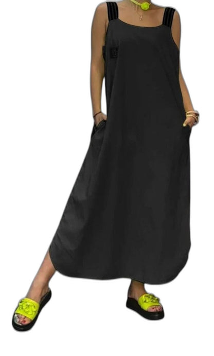 Elegant White Satin Maxi Dress for Women with Square Neck Sleeveless Flowing Pockets Vacation Style