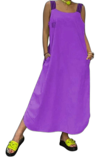 Elegant White Satin Maxi Dress for Women with Square Neck Sleeveless Flowing Pockets Vacation Style
