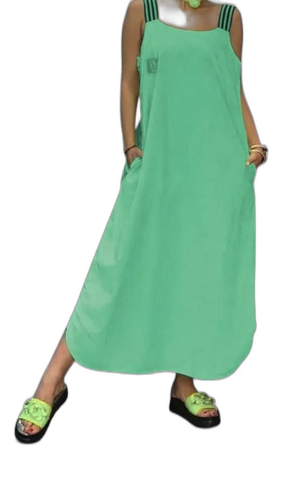 Elegant White Satin Maxi Dress for Women with Square Neck Sleeveless Flowing Pockets Vacation Style