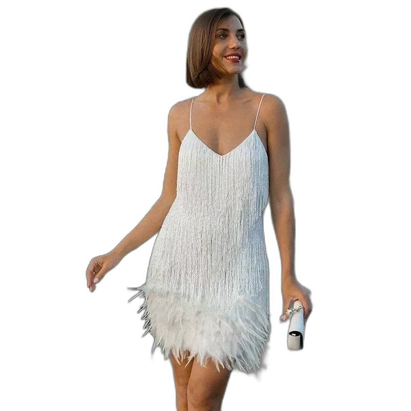 Elegant White Sequin Mini Dress for Women with V Neck Spaghetti Strap Fringe Party Style