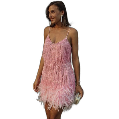 Elegant White Sequin Mini Dress for Women with V Neck Spaghetti Strap Fringe Party Style