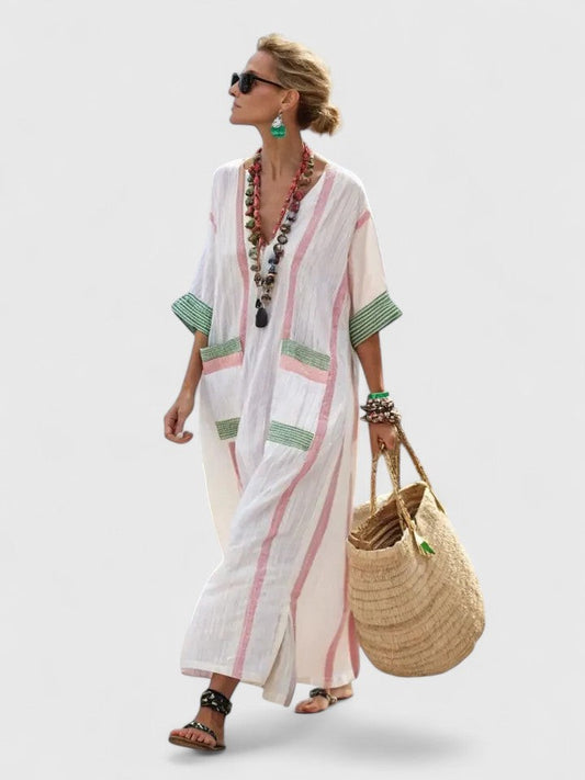 Elegant White Striped Maxi Dress for Women with V Neck Elbow Sleeve Flowing Oversized Vacation Style