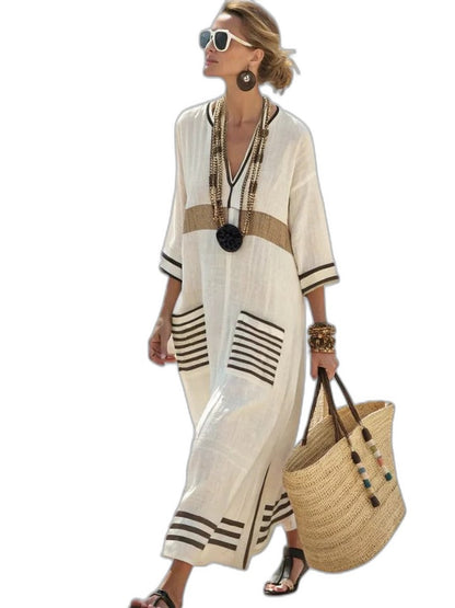 Elegant White Striped Maxi Dress for Women with V Neck Elbow Sleeve Flowing Oversized Vacation Style