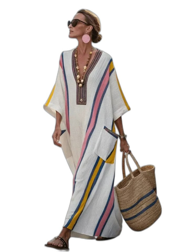 Elegant White Striped Maxi Dress for Women with V Neck Elbow Sleeve Flowing Oversized Vacation Style