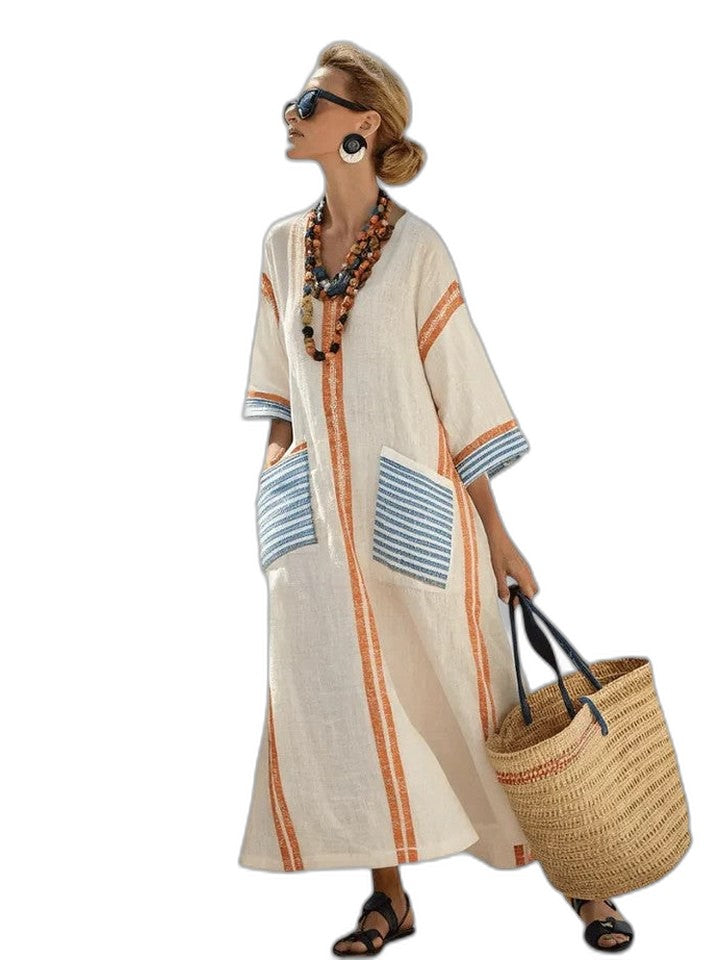 Elegant White Striped Maxi Dress for Women with V Neck Elbow Sleeve Flowing Oversized Vacation Style
