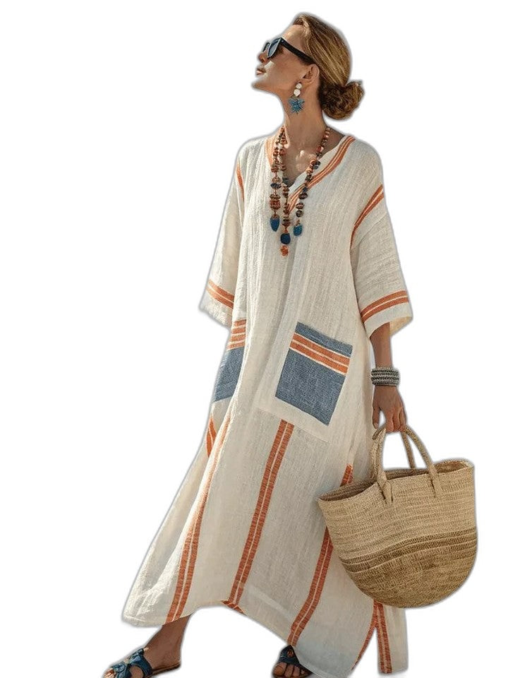 Elegant White Striped Maxi Dress for Women with V Neck Elbow Sleeve Flowing Oversized Vacation Style