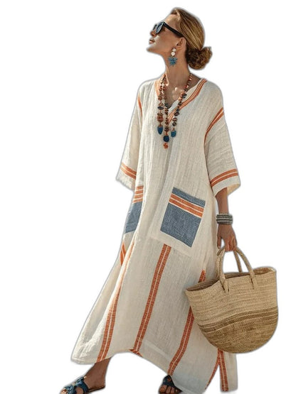 Elegant White Striped Maxi Dress for Women with V Neck Elbow Sleeve Flowing Oversized Vacation Style