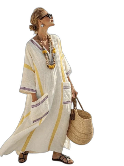 Elegant White Striped Maxi Dress for Women with V Neck Elbow Sleeve Flowing Oversized Vacation Style
