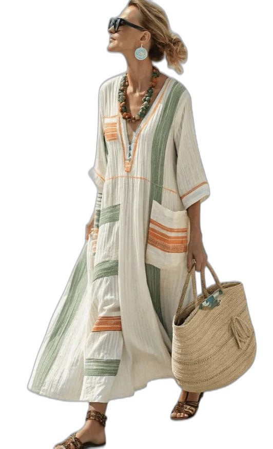 Elegant White Striped Maxi Dress for Women with V Neck Elbow Sleeve Flowing Oversized Vacation Style
