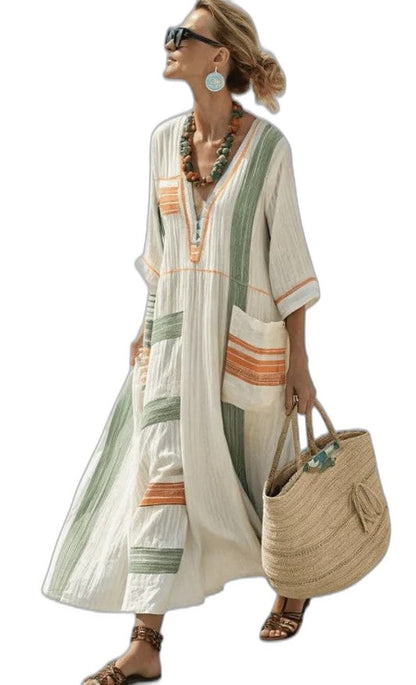 Elegant White Striped Maxi Dress for Women with V Neck Elbow Sleeve Flowing Oversized Vacation Style
