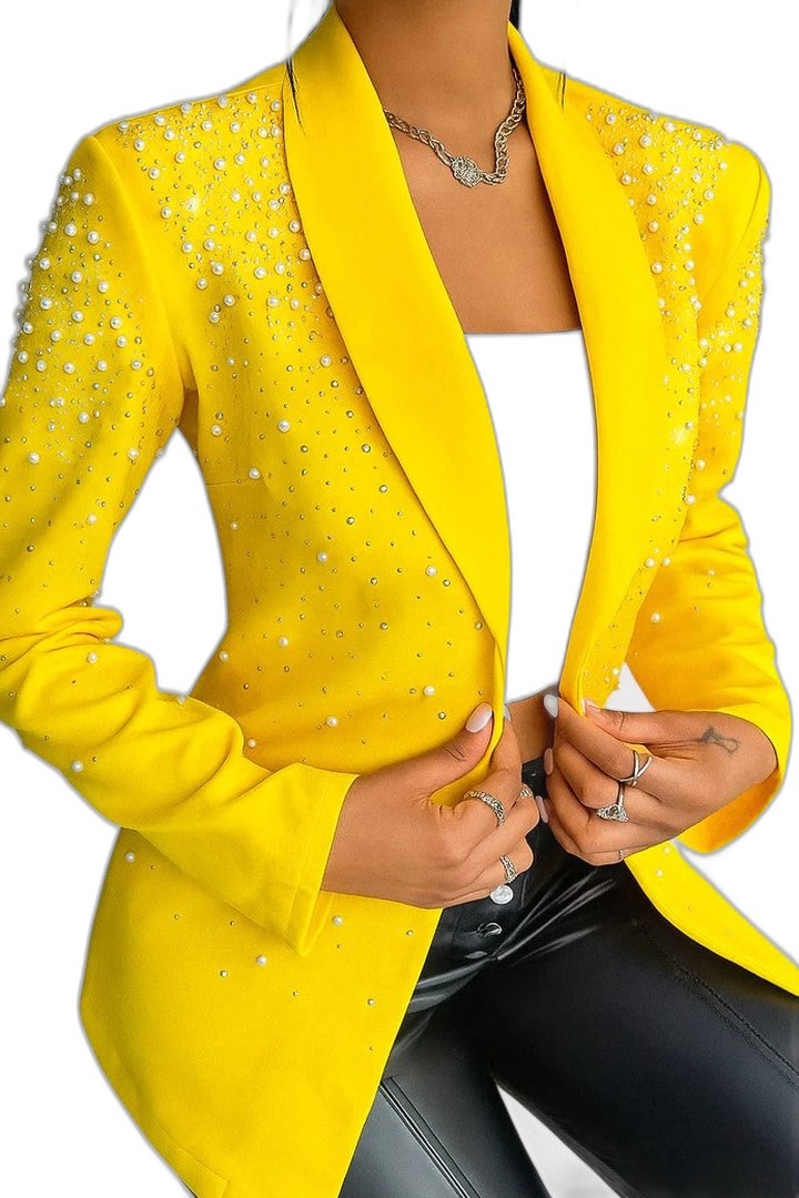 Elegant Yellow Blazer for Women with Collared Long Sleeve Studded Party Style