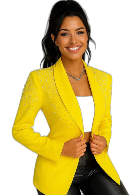 Elegant Yellow Blazer for Women with Collared Long Sleeve Studded Party Style
