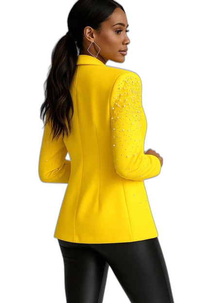 Elegant Yellow Blazer for Women with Collared Long Sleeve Studded Party Style