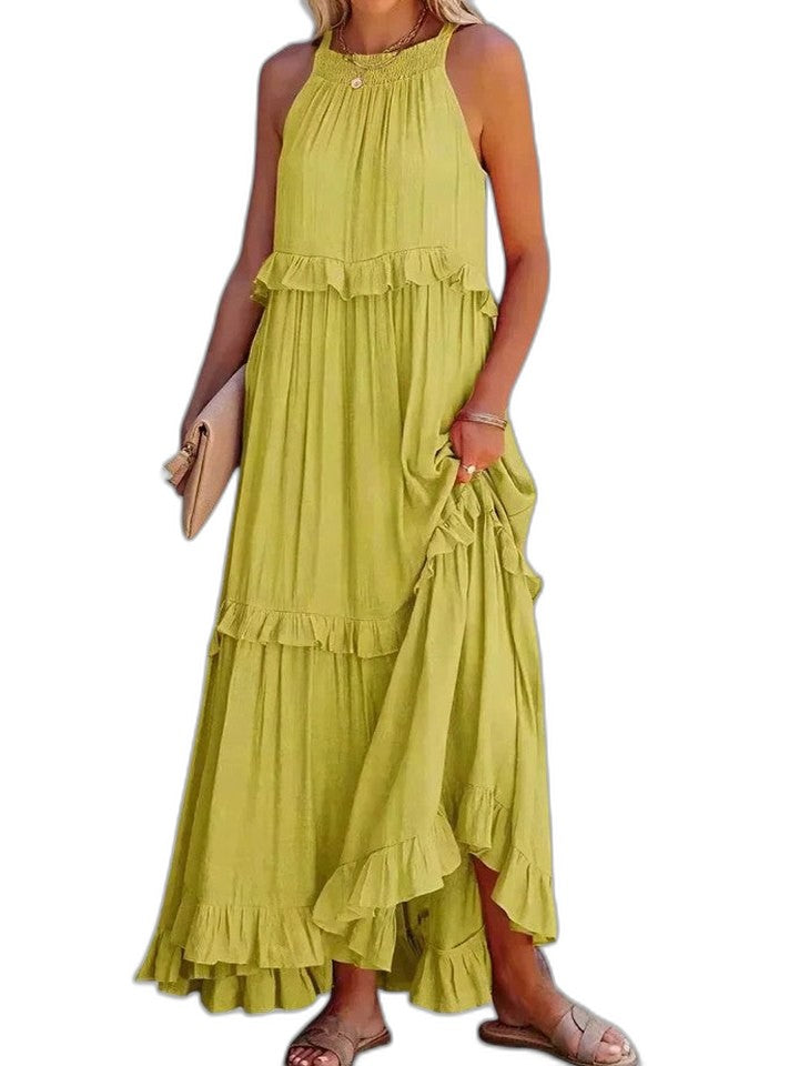 Elegant Yellow Maxi Dress for Women with Halter Sleeveless Tiered Ruffle Flowing Vacation Style