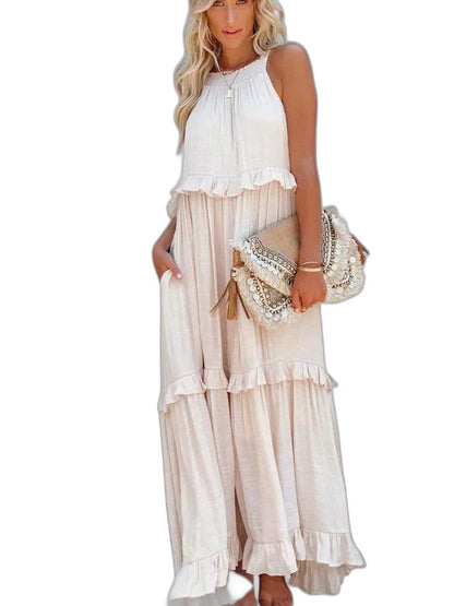Elegant Yellow Maxi Dress for Women with Halter Sleeveless Tiered Ruffle Flowing Vacation Style