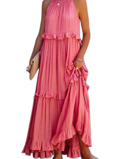 Elegant Yellow Maxi Dress for Women with Halter Sleeveless Tiered Ruffle Flowing Vacation Style