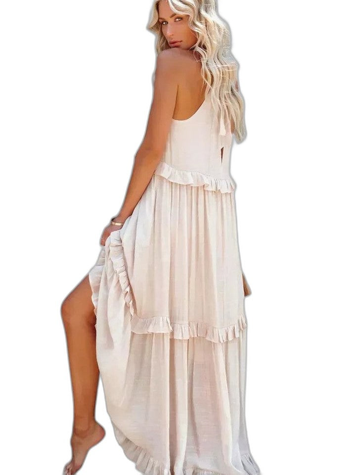 Elegant Yellow Maxi Dress for Women with Halter Sleeveless Tiered Ruffle Flowing Vacation Style