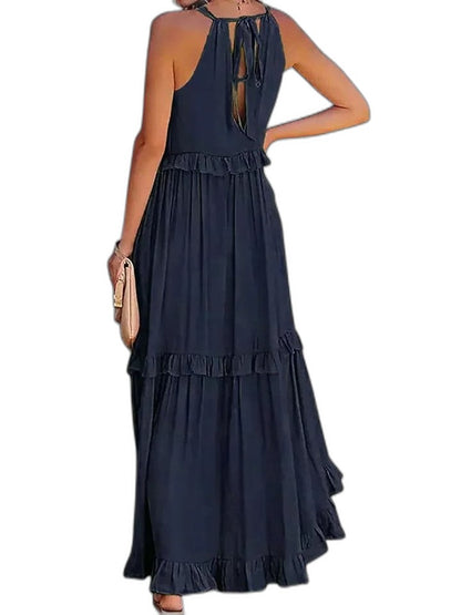 Elegant Yellow Maxi Dress for Women with Halter Sleeveless Tiered Ruffle Flowing Vacation Style