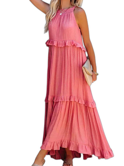 Elegant Yellow Maxi Dress for Women with Halter Sleeveless Tiered Ruffle Flowing Vacation Style