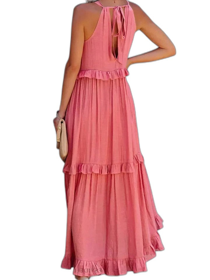 Elegant Yellow Maxi Dress for Women with Halter Sleeveless Tiered Ruffle Flowing Vacation Style
