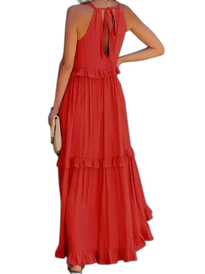 Elegant Yellow Maxi Dress for Women with Halter Sleeveless Tiered Ruffle Flowing Vacation Style