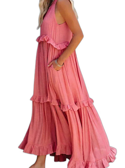 Elegant Yellow Maxi Dress for Women with Halter Sleeveless Tiered Ruffle Flowing Vacation Style