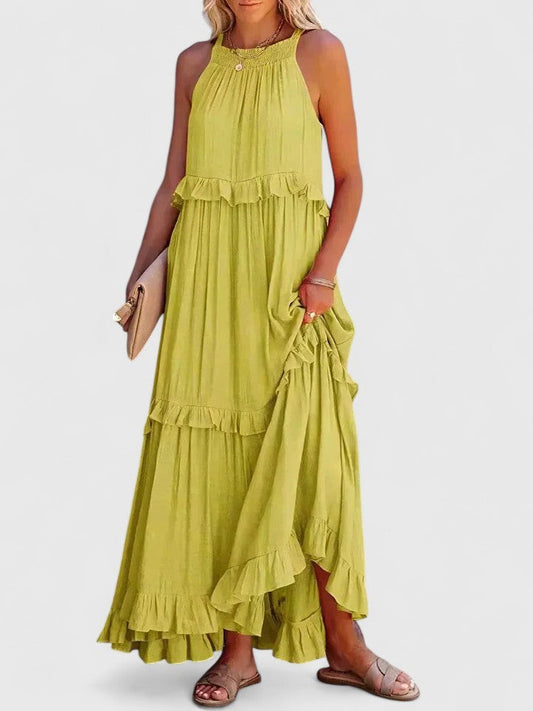 Elegant Yellow Maxi Dress for Women with Halter Sleeveless Tiered Ruffle Flowing Vacation Style