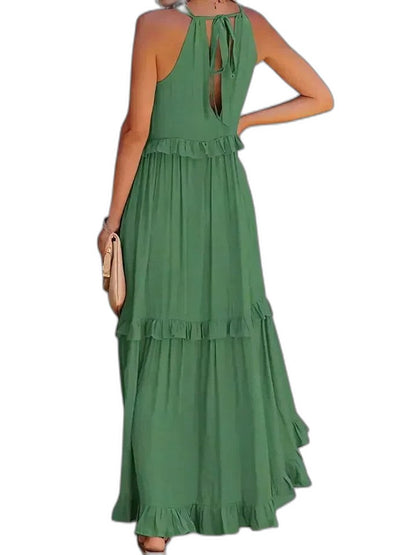 Elegant Yellow Maxi Dress for Women with Halter Sleeveless Tiered Ruffle Flowing Vacation Style