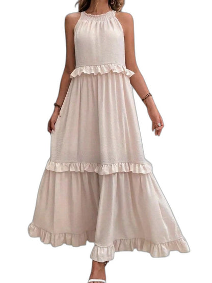 Elegant Yellow Maxi Dress for Women with Halter Sleeveless Tiered Ruffle Flowing Vacation Style