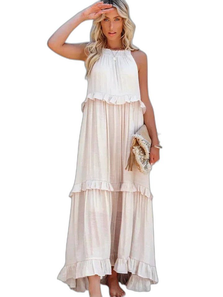 Elegant Yellow Maxi Dress for Women with Halter Sleeveless Tiered Ruffle Flowing Vacation Style