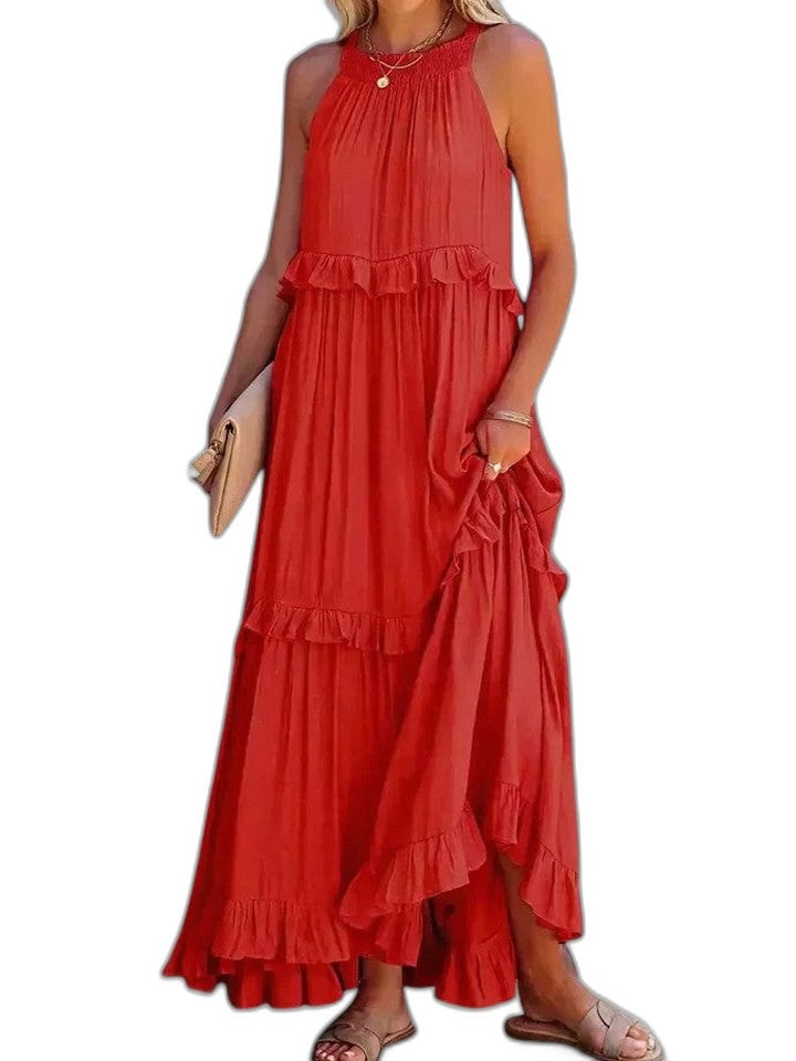 Elegant Yellow Maxi Dress for Women with Halter Sleeveless Tiered Ruffle Flowing Vacation Style