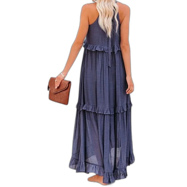 Elegant Yellow Maxi Dress for Women with Halter Sleeveless Tiered Ruffle Flowing Vacation Style