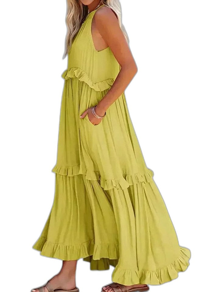 Elegant Yellow Maxi Dress for Women with Halter Sleeveless Tiered Ruffle Flowing Vacation Style