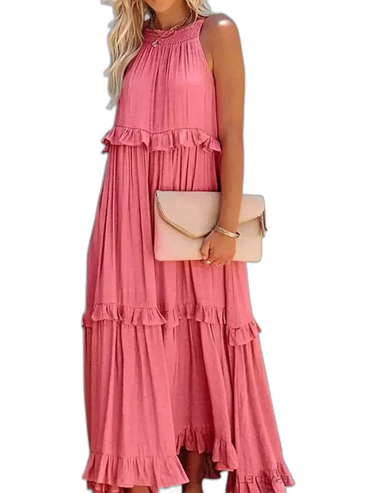 Elegant Yellow Maxi Dress for Women with Halter Sleeveless Tiered Ruffle Flowing Vacation Style