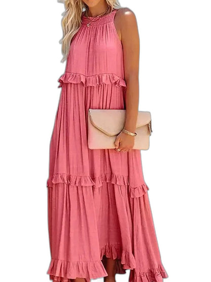 Elegant Yellow Maxi Dress for Women with Halter Sleeveless Tiered Ruffle Flowing Vacation Style