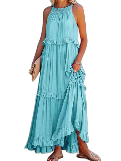 Elegant Yellow Maxi Dress for Women with Halter Sleeveless Tiered Ruffle Flowing Vacation Style