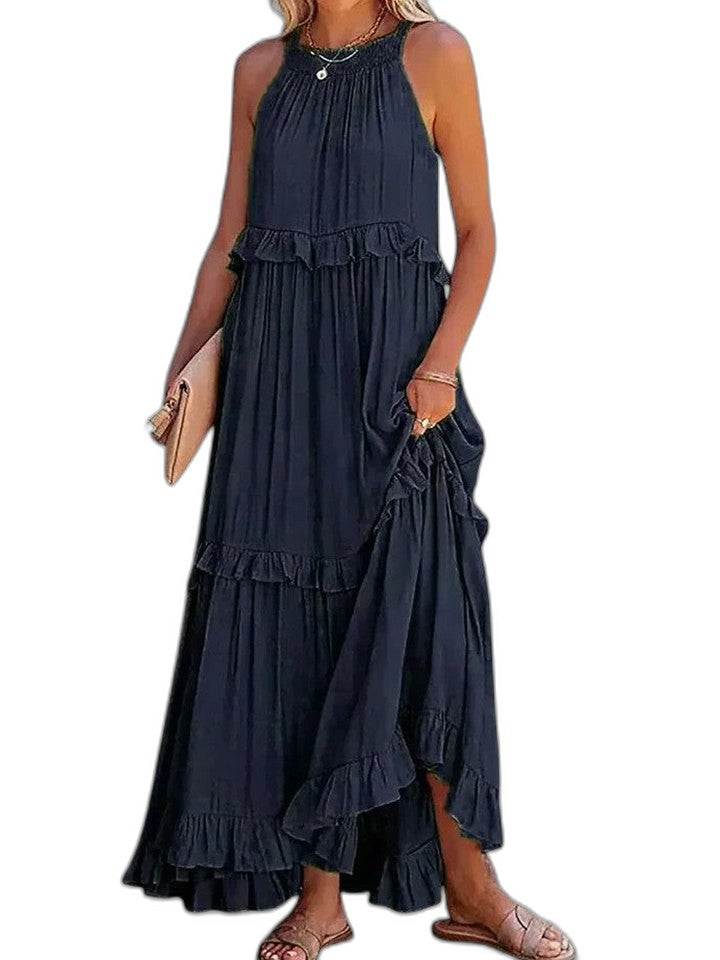 Elegant Yellow Maxi Dress for Women with Halter Sleeveless Tiered Ruffle Flowing Vacation Style