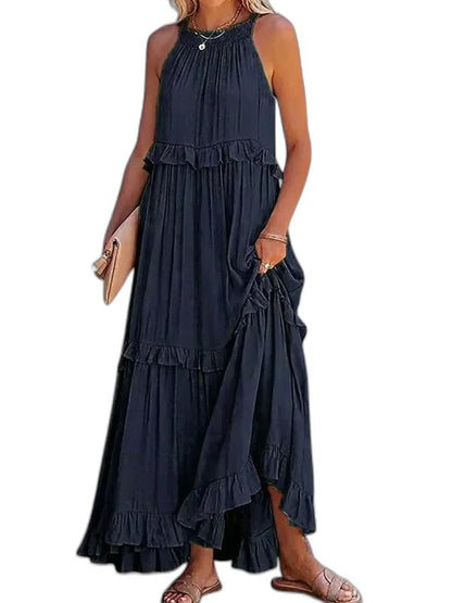 Elegant Yellow Maxi Dress for Women with Halter Sleeveless Tiered Ruffle Flowing Vacation Style