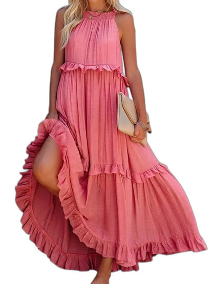 Elegant Yellow Maxi Dress for Women with Halter Sleeveless Tiered Ruffle Flowing Vacation Style