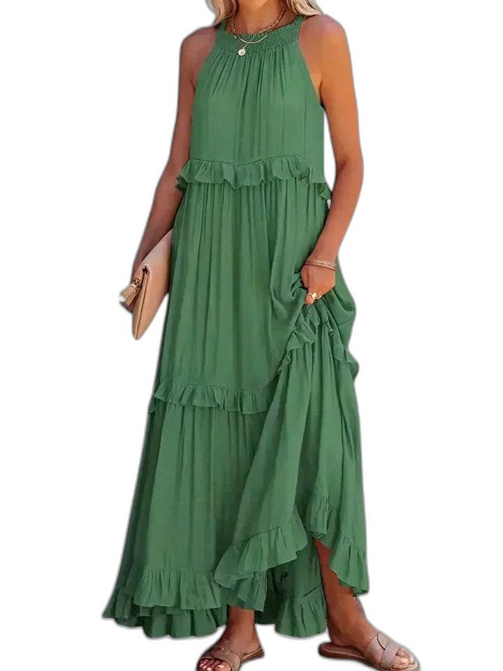 Elegant Yellow Maxi Dress for Women with Halter Sleeveless Tiered Ruffle Flowing Vacation Style