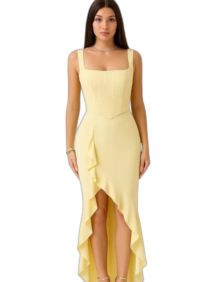 Elegant Yellow Maxi Dress for Women with Square Neck Sleeveless Ruffle Cocktail Style