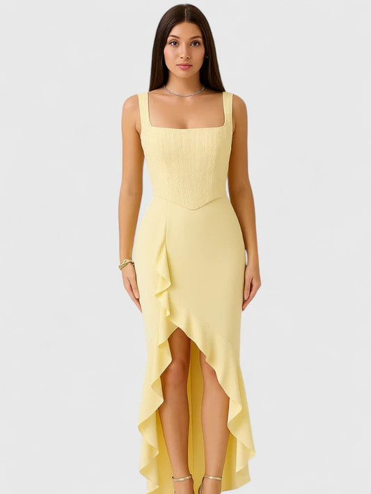 Elegant Yellow Maxi Dress for Women with Square Neck Sleeveless Ruffle Cocktail Style