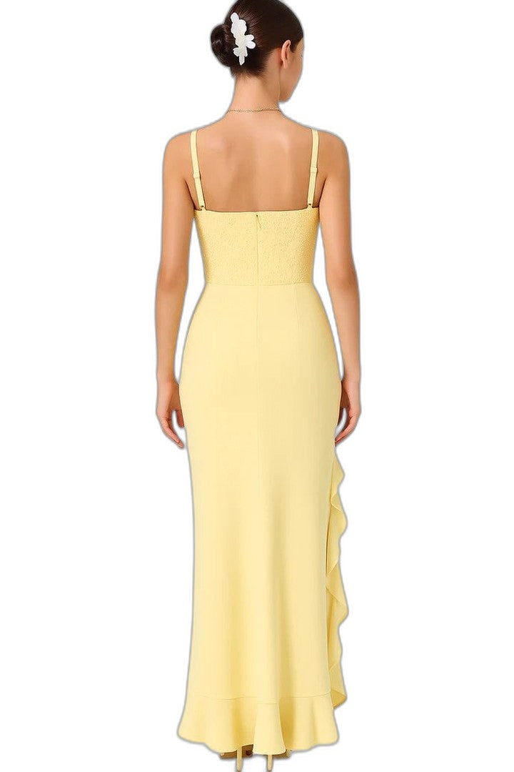 Elegant Yellow Maxi Dress for Women with Square Neck Sleeveless Ruffle Cocktail Style