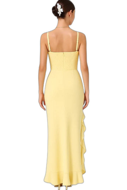Elegant Yellow Maxi Dress for Women with Square Neck Sleeveless Ruffle Cocktail Style