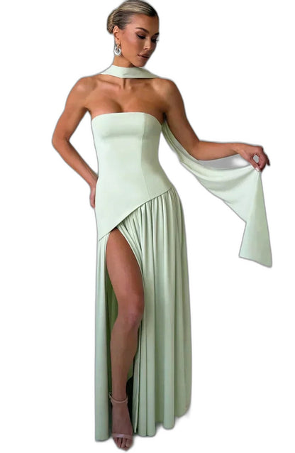 Elegant Yellow Maxi Dress for Women with Strapless Asymmetric Flowing Formal Style