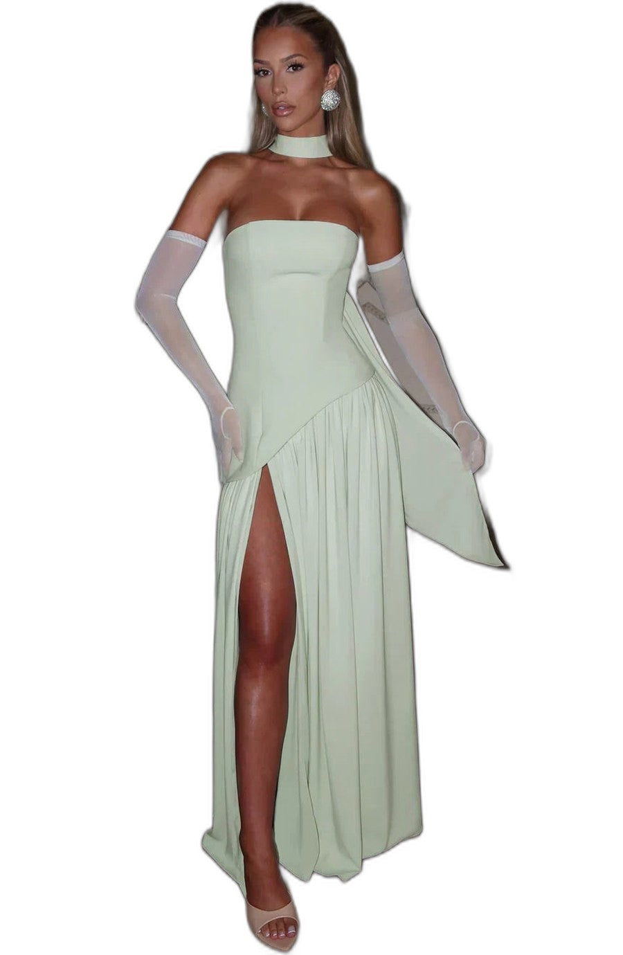 Elegant Yellow Maxi Dress for Women with Strapless Asymmetric Flowing Formal Style