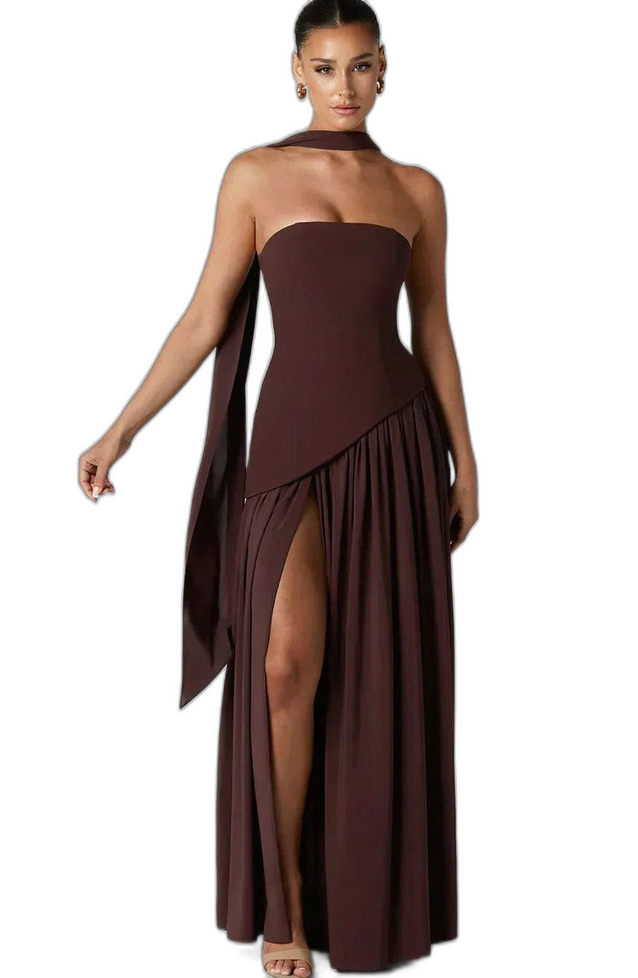Elegant Yellow Maxi Dress for Women with Strapless Asymmetric Flowing Formal Style