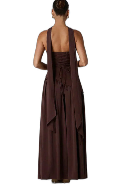 Elegant Yellow Maxi Dress for Women with Strapless Asymmetric Flowing Formal Style