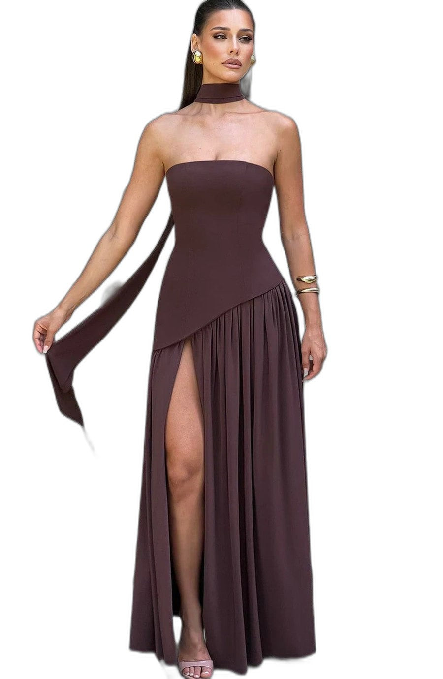 Elegant Yellow Maxi Dress for Women with Strapless Asymmetric Flowing Formal Style