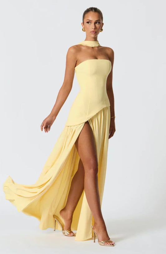 Elegant Yellow Maxi Dress for Women with Strapless Asymmetric Flowing Formal Style
